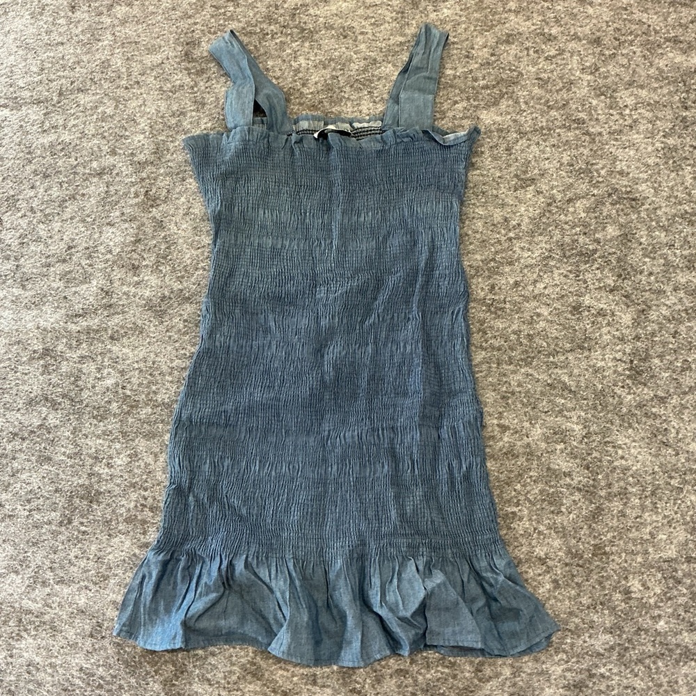 Modern Citizen Denim Shirred Ruffle Square Neck Tank Top Dress A25